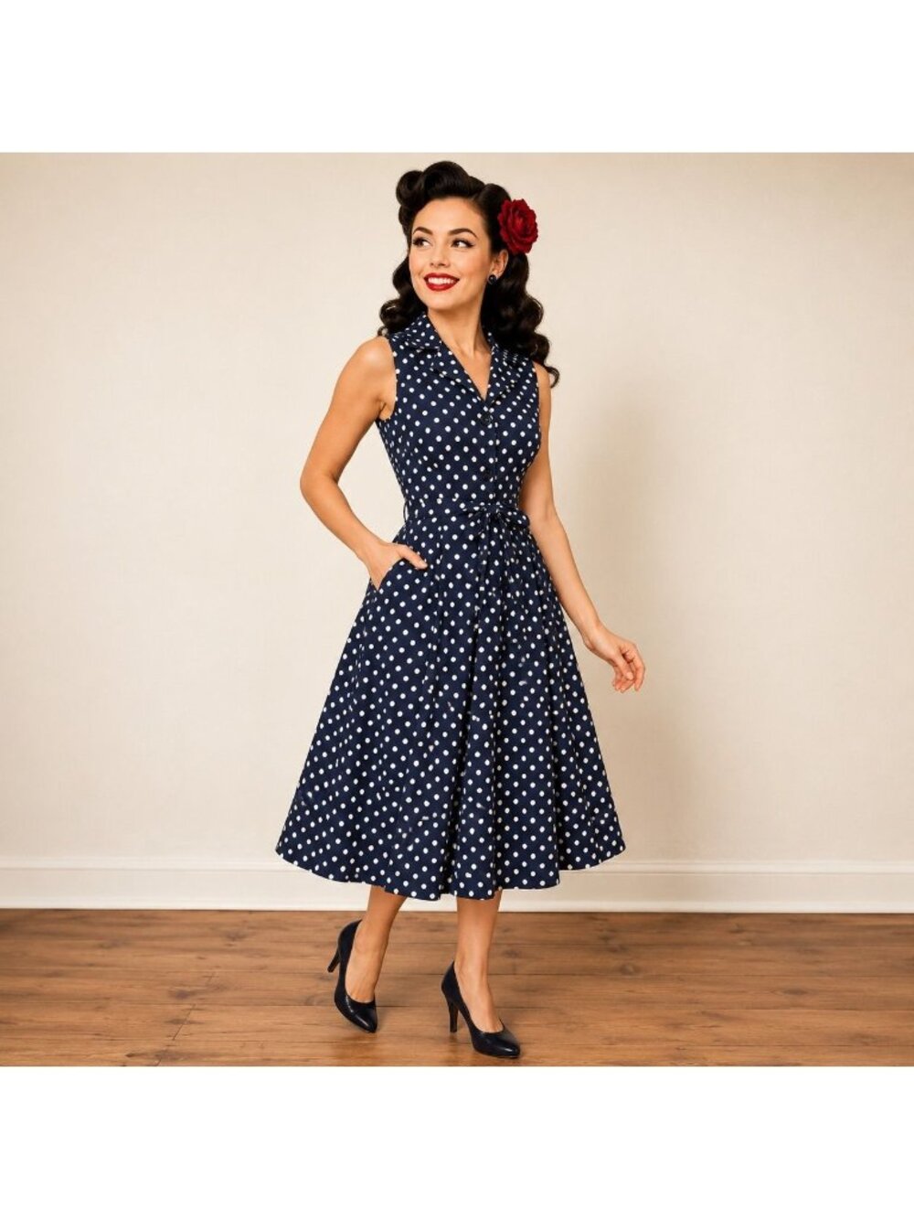 Vintage Navy Polka Dot Womens Sz L Shirt Dress Rockabilly Pin Up - Picture 2 of 15